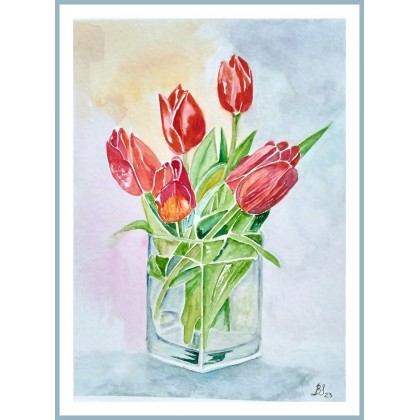 Tulipany w wazonie,  akwarela ., Bogumiła Szufnara, obrazy akwarela