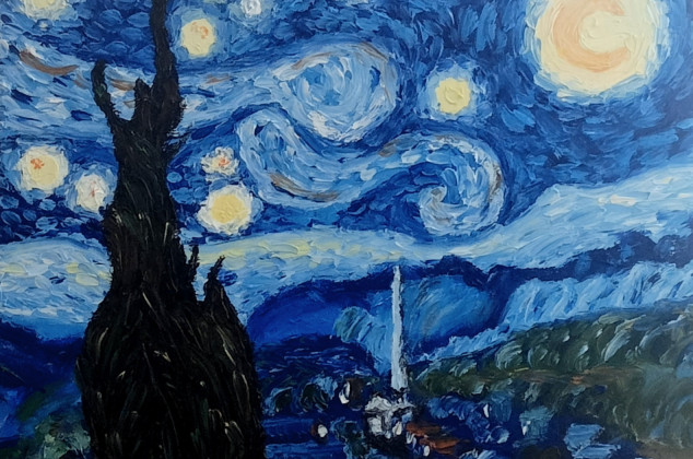 Maria Woithofer  ; Gwiazdy na niebie,obraz olejny, niebieski kolor,wioska w gorach