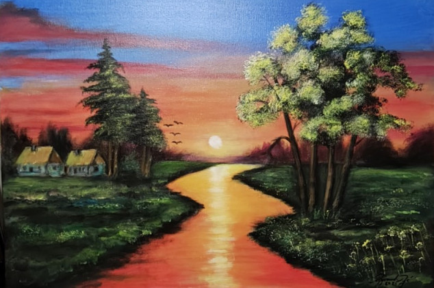 Ryszard Ryś ; Zachód Słońca nad spokojną rzeką Rozmiar 50/70