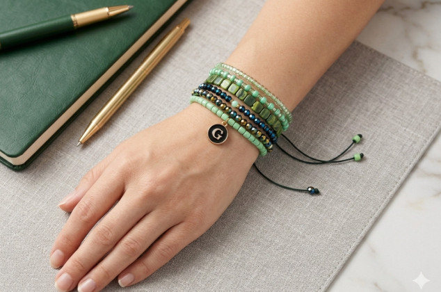 unikatart ; Bransoletka Zestaw 5 Bransoletek Beaded Green - Zieleń i Granat z Personalizowaną Literką