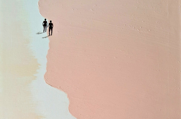 Yulia Szczerbak ; Obraz ręcznie malowany akrylami na płótnie strukturalny abstrakcja plaża minimalistyczna 50×80