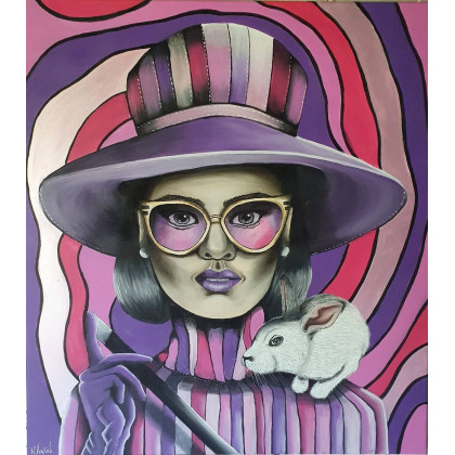 KlaudiaWieclaw - obrazy akryl - Obraz 90x100  Hokus-Pokus kobieta op-art królik kolorowy nowoczesny foto #4