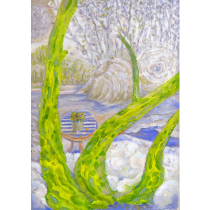 Pejzaż przedwiosenny z żółtymi drzewami, Elżbieta Goszczycka, obrazy olejne