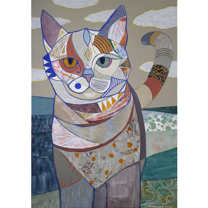 Mozaikowy kot - akryl kolaż na płótnie 70x50 cm, Gabriela Krawczyk, obrazy akryl