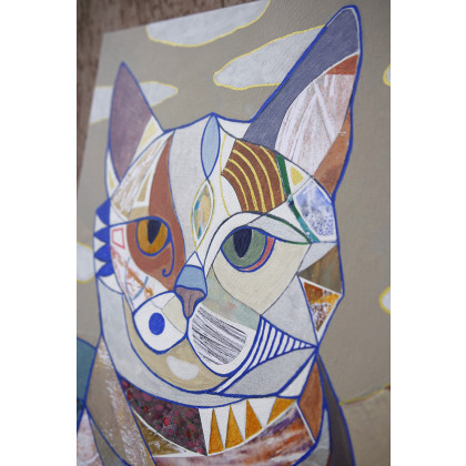 Gabriela Krawczyk - obrazy akryl - Mozaikowy kot - akryl kolaż na płótnie 70x50 cm foto #2