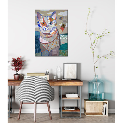 Gabriela Krawczyk - obrazy akryl - Mozaikowy kot - akryl kolaż na płótnie 70x50 cm foto #3