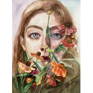 Kobieta za kwiatami, akwarela