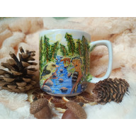 Wilga i dudek w pejzażu ręcznie malowany kubek 270 ml.