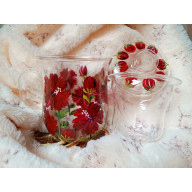 Szklany kubek z zaparzaczem hibiskus ręcznie malowany 370 ml.