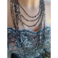 Naszyjnik Czarne Długie Korale Szare Srebrne