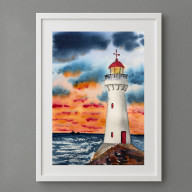 Akwarela Latarnia o zachodzie słońca