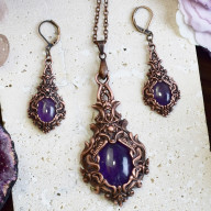 WIKTORIAŃSKI MIEDZIANY ZESTAW - KOLCZYKI I WISIOREK Z AMETYSTEM #S2