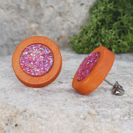 Drewniane pomarańczowe kolczyki sztyfty z druzami boho #3