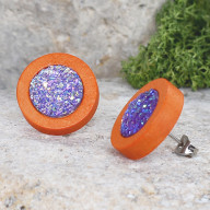 Drewniane pomarańczowe kolczyki sztyfty z druzami boho #8