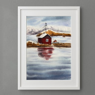 Akwarela Norweski domek rybacki