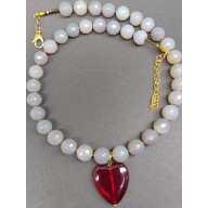 Naszyjnik Agat Szary Z Czerwonym Sercem