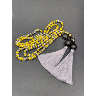 Naszyjnik Długi Sznur Złoto Szare Korale Szklane z Chwostami