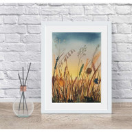 AKWARELA 14,5X21 ŁĄKA O ZACHODZIE SŁOŃCA | OBRAZ RĘCZNIE MALOWANY