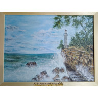 RĘCZNIE MALOWANY OBRAZ AKRYLOWY W RAMIE Z CYTATEM- PEJZAŻ MARYNISTYCZNY