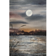 AKWARELA AKWARELKA OBRAZ PT: JEZIORO NOCĄ