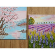 ZESTAW RĘCZNIE MALOWANYCH OBRAZÓW - DYPTYK KWITNĄCA WIŚNIA I LAWENDA
