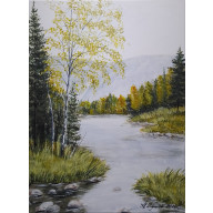 PEJZAŻ AKRYLOWY RĘCZNIE MALOWANY NA PŁÓTNIE W ZŁOTAWYCH SITOWIACH - 40X30CM