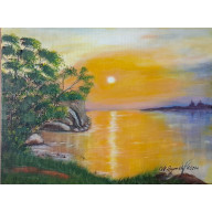 KLASYCZNY PEJZAŻ RĘCZNIE MALOWANY - ZACHÓD SŁOŃCA NAD WODĄ SŁOŃCE W POMARAŃCZU - 30X40CM