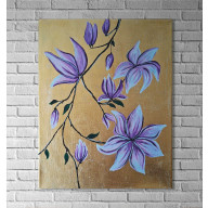 OBRAZ NA PŁÓTNIE RĘCZNIE MALOWANY AKRYLAMI ZŁOTA MAGNOLIA KWIATY 24X30
