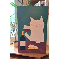 OBRAZ NA PŁÓTNIE RĘCZNIE MALOWANY AKRYLAMI KOT Z WINEM I SEREM 40X60