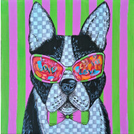 OBRAZ RĘCZNIE MALOWANY AKRYLAMI PŁÓTNO NA TEKTURZE PIES BULDOG 30X30 CM