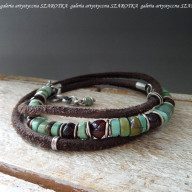 TURQUOISE-BROWN BRANSOLETKA Z TURKUSU, BURSZTYNU, RZEMIENIA I SREBRA