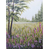 DUŻY KWIECISTY I NASTROJOWY PEJZAŻ MALOWANY NA PŁÓTNIE - SIELSKI ŚWIT 50X40CM