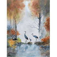 ŻURAWIE W PORANNEJ MGLE, AKWARELA 24 X 32 CM