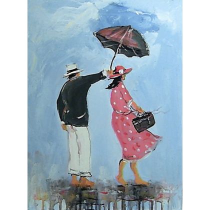 Sukienka w groszki i parasol.., Dariusz Grajek, olej + akryl